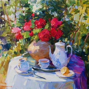 Romantic Tea Setting with Vibrant Red Roses: Impressionist Oil Painting of Summer Garden Charm – Original Artwork on Canvas