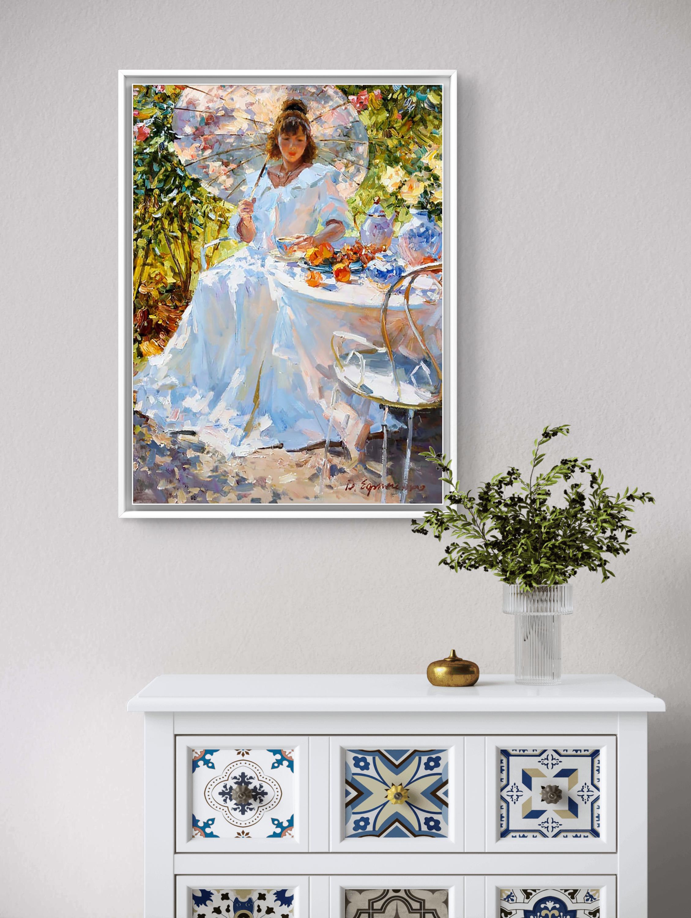 一杯の太陽の光 – 印象派の女性画、庭園のティーシーン、エレガントな