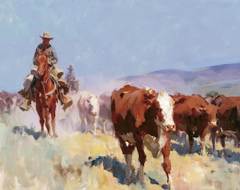Cowboy Cattle Drive Oil Painting Original Canvas Western Ranch Wall Art Decor