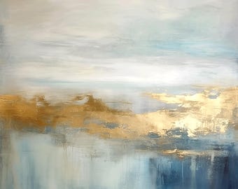 Abstract Acrylic Painting Blue Gold Modern Textured Wall Art Canvas