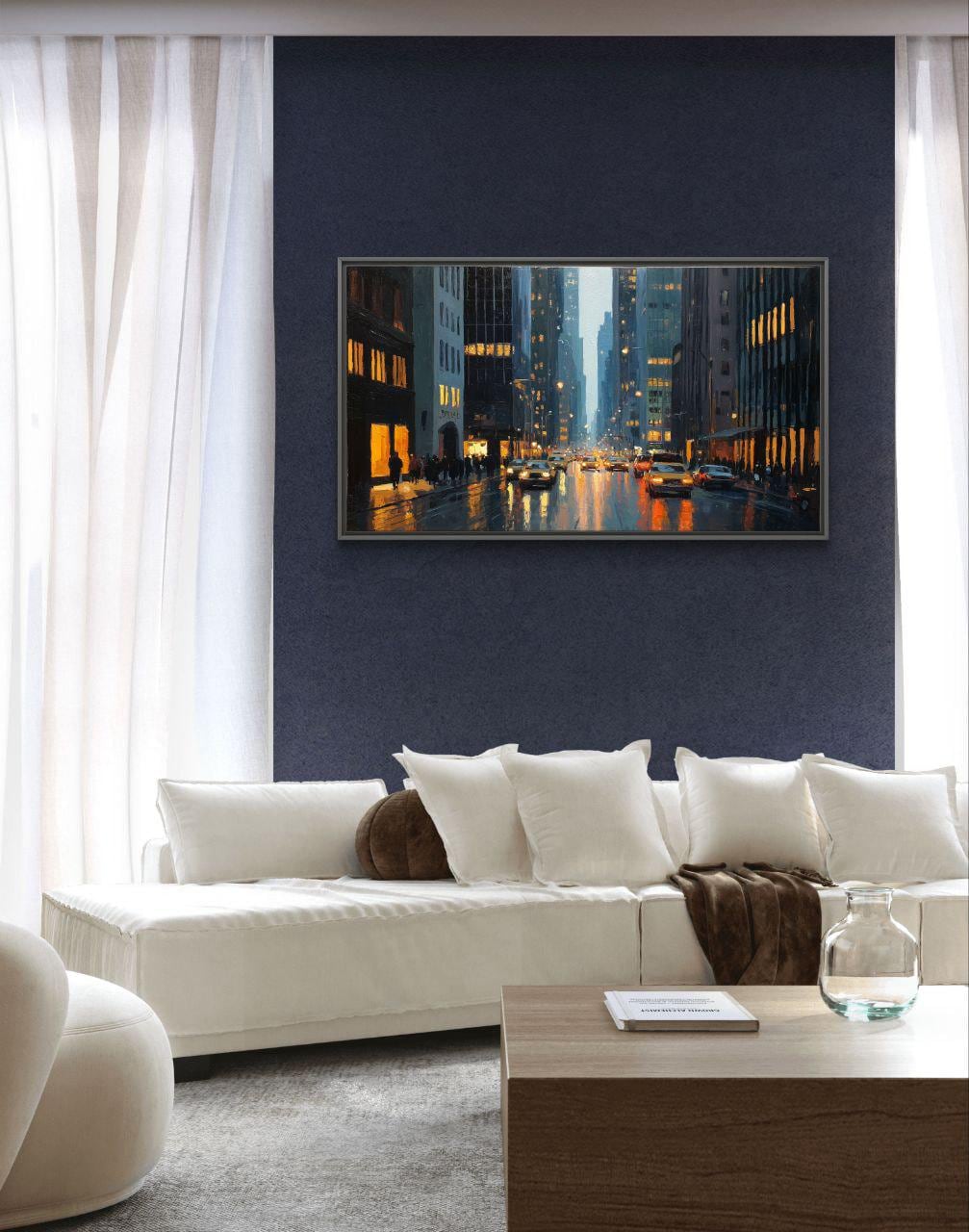 Rainy City Lights Oil Painting – Modern Impressionist Urban Night ...