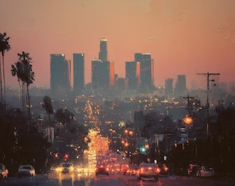 California Skyline Oil Painting Purple Blue Cityscape Original Canvas Wall Art