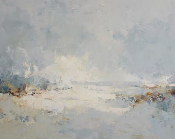 May include: Abstract landscape painting with a palette of cool blues, whites, and touches of brown and orange. The textured brushstrokes create a sense of depth and movement, evoking a serene, cloudy sky over a distant horizon.