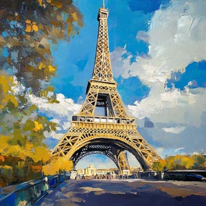 Autumn in Paris – Original Oil Painting of Eiffel Tower with Golden Foliage and Blue Sky, French Impressionist Cityscape Art
