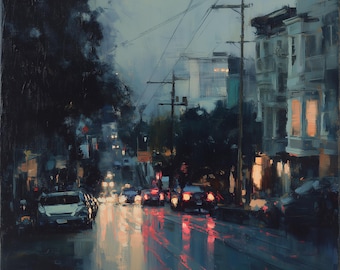 Rainy Street Original Oil Painting Blue Cityscape Canvas Modern Wall Art Contemporary