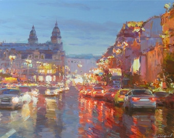 Rainy Evening in the City – Impressionist Oil Painting | Vibrant Street Lights | Reflections on Wet Pavement | Urban Night Scene Canvas