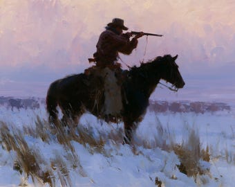 Western Cowboy Oil Painting First Snow Original Canvas Rustic Ranch Wall Art