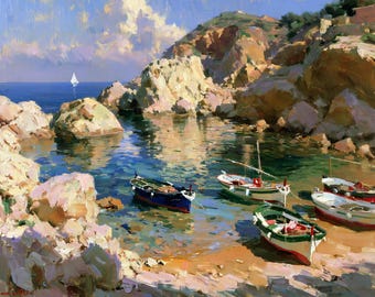 Coastal Landscape Fishing Harbor Oil Painting Turquoise Boats Original Canvas Coastal Wall Art Decor