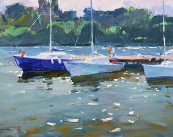 Seascape Oil Painting with Yachts, Coastal Wall Art Harbor Canvas Artwork