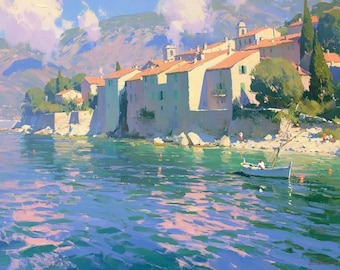 Sunlit Seaside Village Coastal Original Oil Painting Blue Violet Seascape Canvas Wall Art