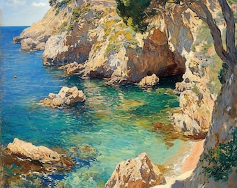 May include: An oil painting of a coastal landscape featuring rugged, light-colored rocky cliffs meeting a vibrant turquoise and deep blue sea. A large tree with green foliage hangs over the right side, while a small sandy cove sits below.