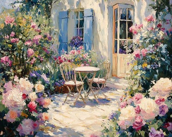 Romantic Garden – Blooming Roses Impressionist Garden Oil Painting
