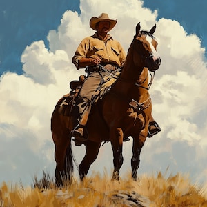 Western Cowboy Oil Painting | Rugged Horse Rider Art | Wild West Landscape | Rustic American Frontier Wall Art