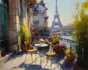 Dipinto a olio del balcone di Parigi, paesaggio urbano impressionista originale su tela, decorazione murale della Torre Eiffel