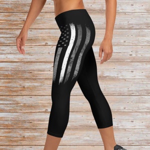 Thin Silver Line Flag Leggings - Corrections Wife Leggings - Correctional Officer Gift - Capri Leggings