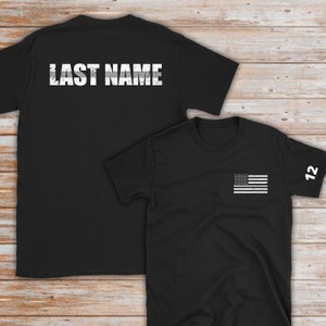 Custom Corrections Thin Silver Line Flag Shirt with Badge Number - Correctional Officer - Jail Officer - Prison Guard - Custom Police Gift