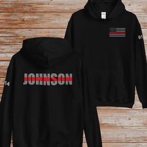 Custom Thin Red Line Flag Hoodie with Badge Number  - Firefighter Gift - Custom Firefighter Gift - Personalized Gift - Fire Department Gift