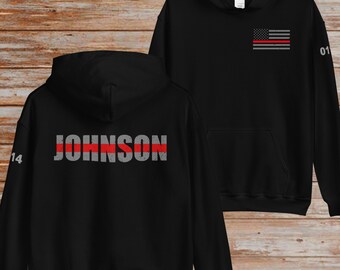 Custom Thin Red Line Flag Hoodie with Badge Number  - Firefighter Gift - Custom Firefighter Gift - Personalized Gift - Fire Department Gift