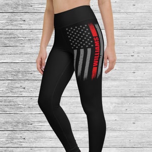 Thin Red Line Flag Personalized Leggings - Firefighter Gift - Firefighter Wife Gift - Thin Red Line Leggings - Fire Department - Fire Wife