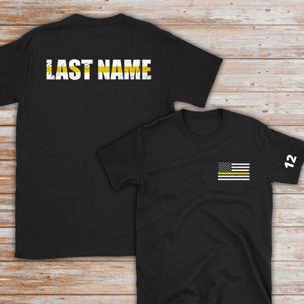 911 Dispatcher Personalized Shirt with Badge Number - Thin Gold Line Flag - Dispatcher Gift - Thin Yellow Line - Police Dispatcher