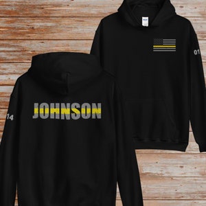 Custom 911 Dispatcher Hoodie: Thin Gold Line Flag, Badge Number
