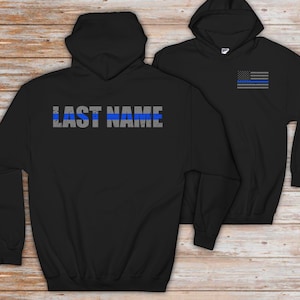Custom Police Officer Thin Blue Line Flag Hoodie - Last Name - Custom Police Gift - Police Department Gift - Thin Blue Line Sweatshirt