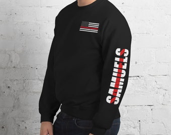 Personalized Firefighter Crewneck: Thin Red Line Flag, Fireman Gift