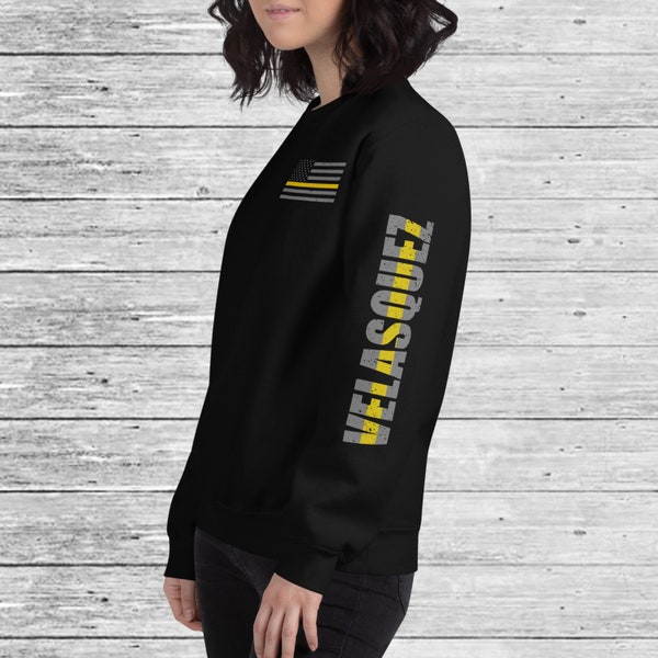 Personalized 911 Dispatcher Crewneck - Thin Gold Line Flag - 911 Dispatcher Gift - Hoodie - Long Sleeve - Thin Yellow Line