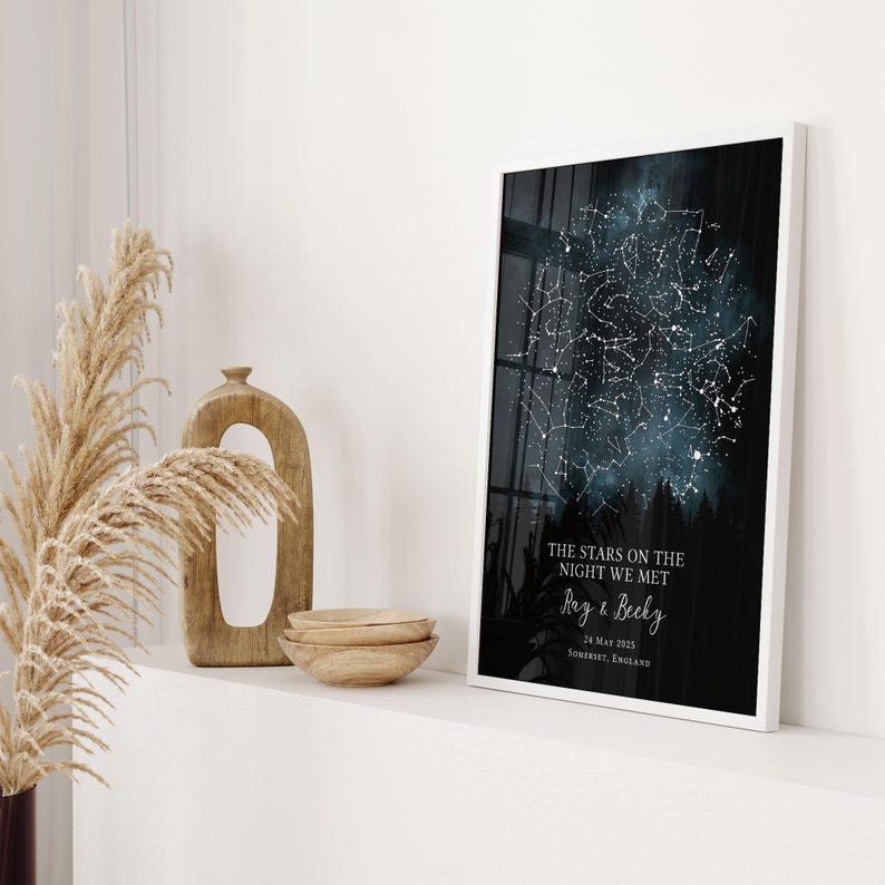 a framed starry night sky print displayed on a white shelf, accompanied by a wooden bowl and a decorative piece.
