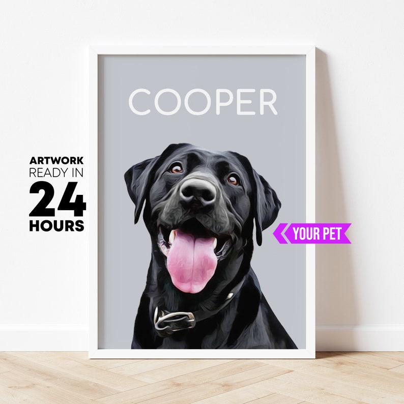 May include: A digital painting of a black Labrador Retriever named "COOPER" with a pink tongue sticking out. The dog is looking directly at the viewer. The background is a light gray color. The text "YOUR PET" is in a purple banner in the lower right corner.
