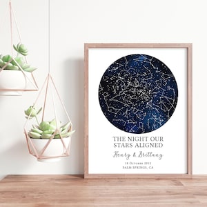 a framed starry night sky print with the text "The night our stars aligned Henry & Brittany 18 October 2012 PALMY SPRINGS, CALIFORNIA" below it.