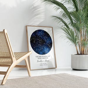 a starry night sky with a star map, a wooden chair, a potted plant, and a framed poster on a wall.