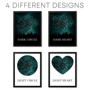 four different designs, each depicting a unique interpretation of a starry night sky. The designs include a "Dark Circle" with a silhouetted forest, a "Dark Heart" with a heart shape, a "Light Circle" with a starry night sky, and a "Light Heart" with a heart shape.