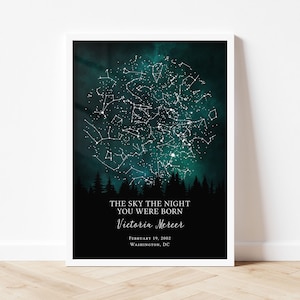 The image is a framed print depicting a night sky with stars and a forest in the background.