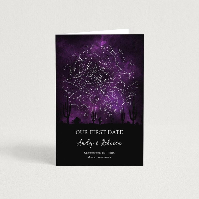 The image is a wedding invitation card with a starry night sky background and silhouettes of cacti in the foreground.