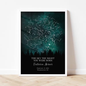 The image is a framed print depicting a night sky with stars and a forest in the background.