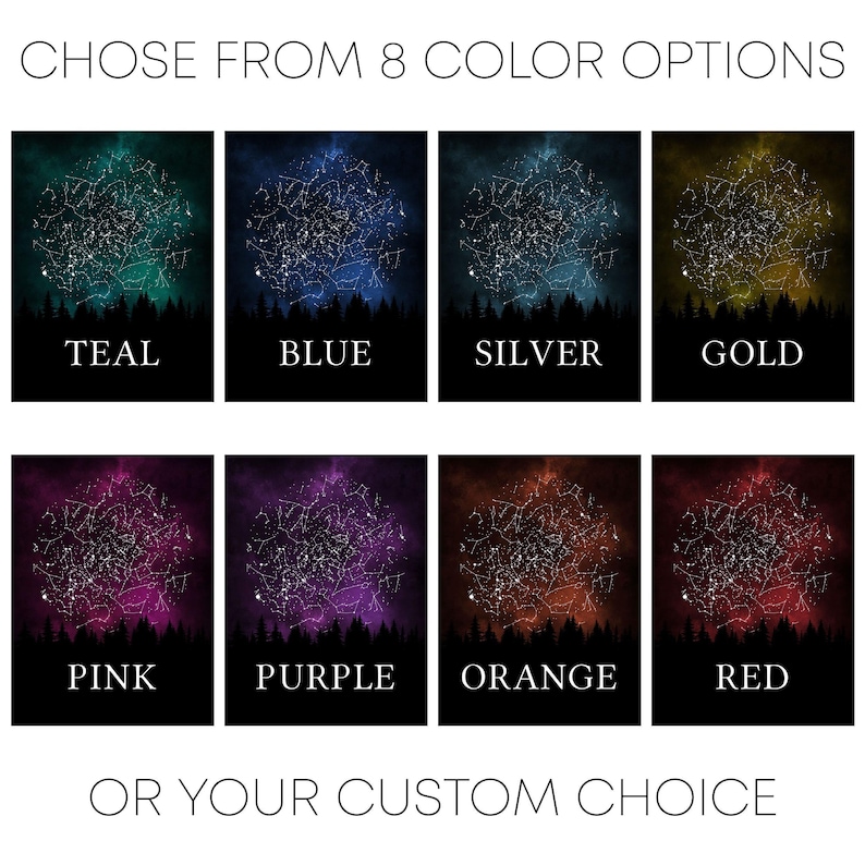 a collection of eight different starry sky backgrounds, each with a different color and star pattern. The starry sky backgrounds are arranged in a 2x2 grid, with each row containing two options. The options include teal, blue, silver, gold, pink, purple, orange, and red. The text above the image reads "CHOOSE FROM 8 COLOR OPTIONS OR YOUR CUSTOM CHOICE".