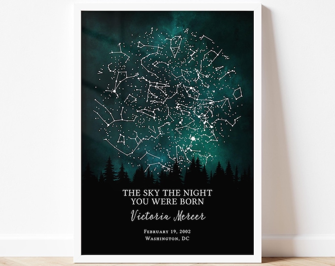 The stars on the night you were born, personalized print, custom print, gift for her, gift for him, birthday gift, star gift
