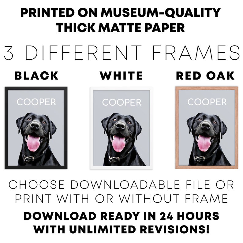 May include: Three framed images of a black dog with the name "COOPER" printed above the image. The frames are black, white, and red oak. The text "PRINTED ON MUSEUM-QUALITY THICK MATTE PAPER" is at the top of the image. The text "3 DIFFERENT FRAMES" is below the frames. The text "BLACK, WHITE, RED OAK" is below the frames. The text "CHOOSE DOWNLOADABLE FILE OR PRINT WITH OR WITHOUT FRAME" is below the frames. The text "DOWNLOAD READY IN 24 HOURS WITH UNLIMITED REVISIONS!" is at the bottom of the image.