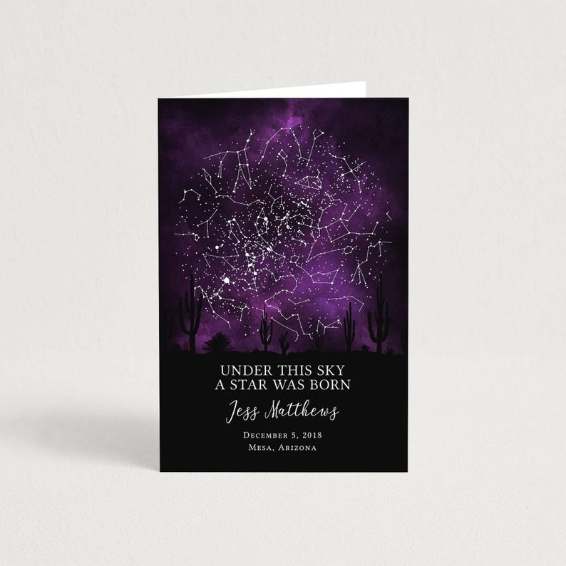 The image is a greeting card with a starry night sky and silhouettes of cacti. The card has a personalized message and date, and the text is written in a formal and elegant style.