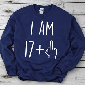 May include: A navy blue sweatshirt with the text "I AM 17+" and a middle finger emoji in white.