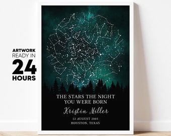 The stars on the night you were born, personalized print, custom print, gift for her, gift for him, constellation gift, star gift