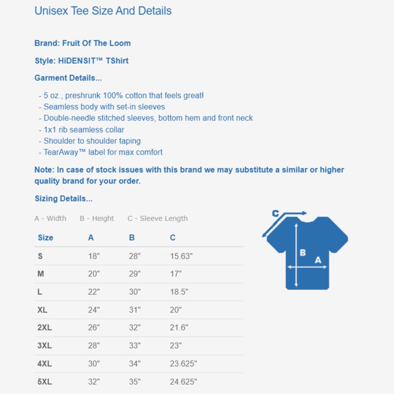 May include: Unisex tee shirt size chart with measurements in inches. The chart shows the width, height, and sleeve length for sizes S through 5XL.