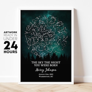The stars on the night you were born, personalized print, custom print, gift for her, gift for him, birthday gift, star gift