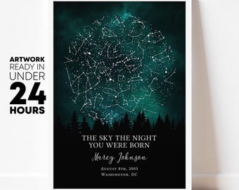 The stars on the night you were born, personalized print, custom print, gift for her, gift for him, birthday gift, star gift