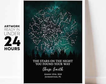 Puede incluir: Un póster rectangular con un cielo nocturno en tonos verde azulado oscuro y negro, lleno de constelaciones blancas sobre una silueta de pinos. El texto dice: THE STARS ON THE NIGHT YOU FOUND YOUR WAY, Chase Smith, August 12th, 2018, Jacksonville, FL.