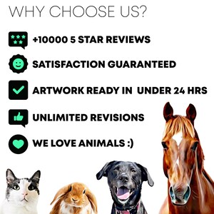 May include: A graphic with five reasons to choose a service. The graphic features icons of a star rating, a smiley face, a checkmark, a thumbs up, and a heart. The text reads: "WHY CHOOSE US? +10000 5 STAR REVIEWS SATISFACTION GUARANTEED ARTWORK READY IN UNDER 24 HRS UNLIMITED REVISIONS WE LOVE ANIMALS :)"