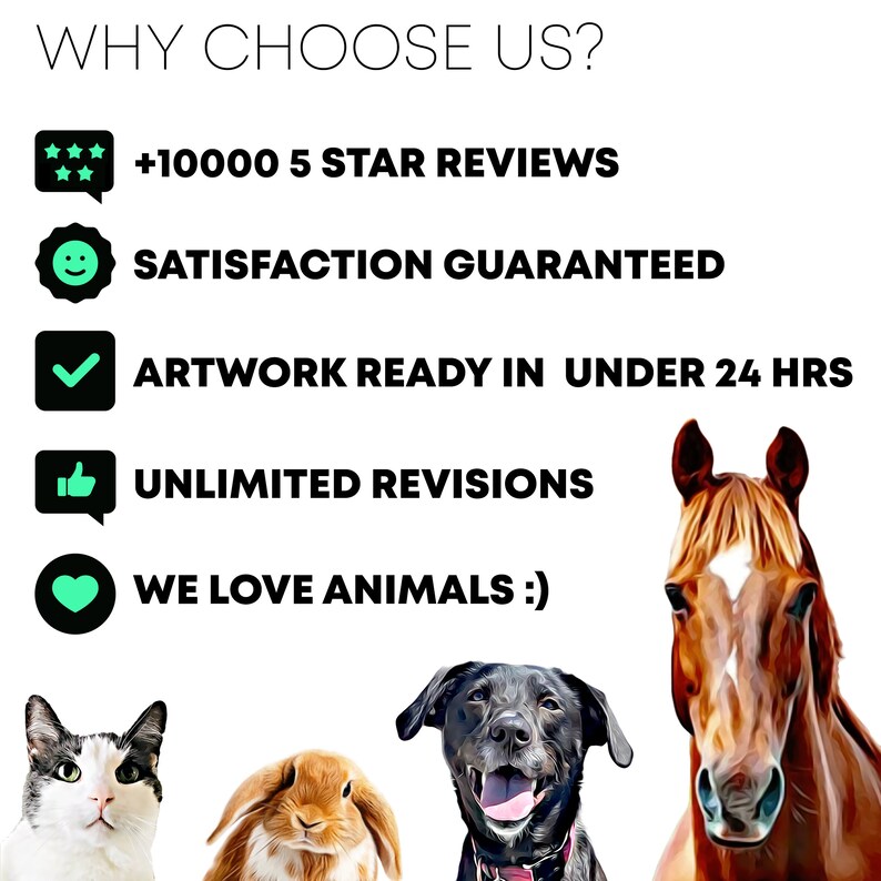 May include: A graphic with five reasons to choose a service. The graphic features icons of a star rating, a smiley face, a checkmark, a thumbs up, and a heart. The text reads: "WHY CHOOSE US? +10000 5 STAR REVIEWS SATISFACTION GUARANTEED ARTWORK READY IN UNDER 24 HRS UNLIMITED REVISIONS WE LOVE ANIMALS :)"