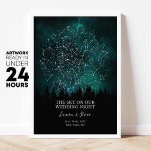 Regalo de bodas, regalos de aniversario de bodas, marco de fotos de bodas, tarjeta de bodas, regalo de recién casados, impresión de mapa estelar, regalo de fecha de boda, día de la boda