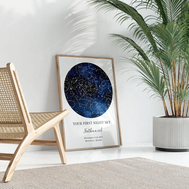 a starry night sky poster with the text "Your first night sky" and "Nathaniel" written on it, placed on a white wall next to a potted plant.